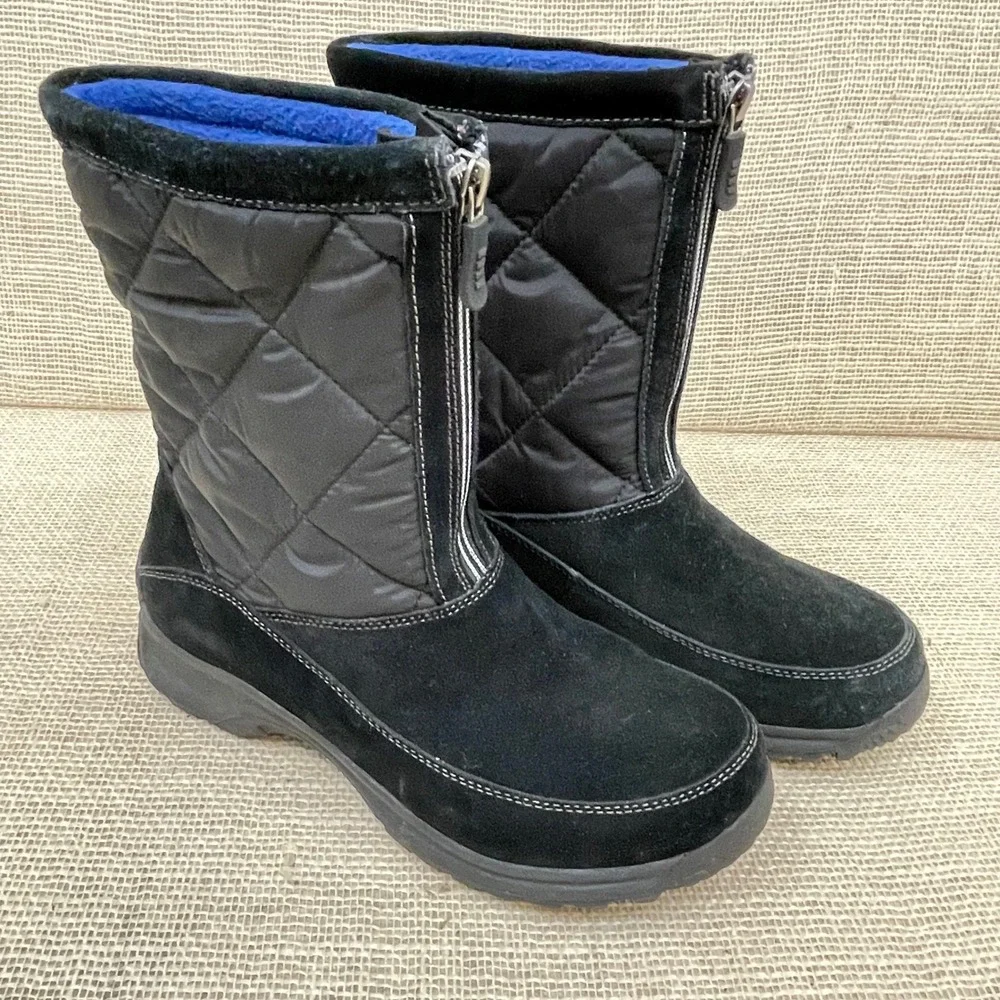Lands' End Womens Black Suede Quilted Front Zip Winter Snow Boots‎ 7B 176848